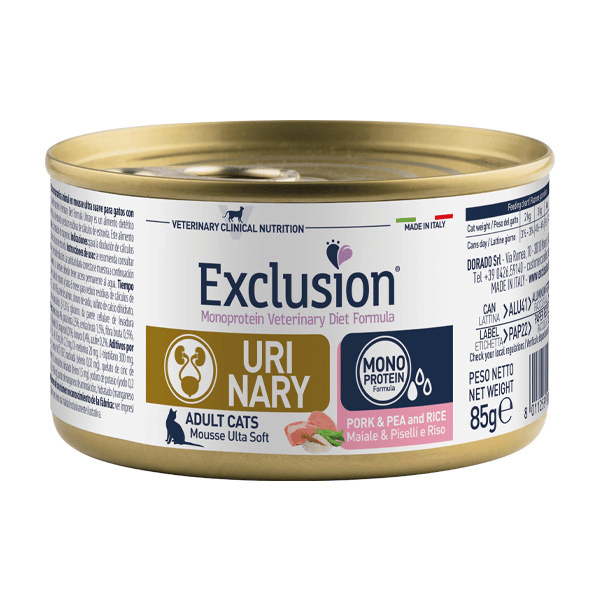 Exclusion Gatto Diet Urinary Adulto Maiale, Piselli &amp; Riso Lattina 85 Gr