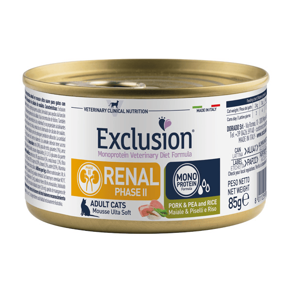Exclusion Gatto Diet Renal Fase 2 Adulto Maiale, Piselli & Riso Lattina 85 Gr — confronto prezzi