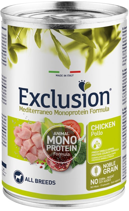 EXCLUSION CANE MEDITERRANEO MONOPROTEICO NOBLE GRAIN ALL BREEDS ADULT POLLO 400GR (lattina)