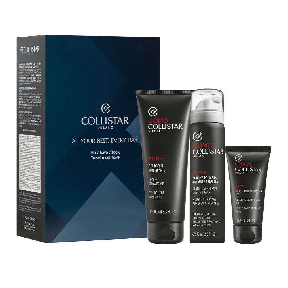 Collistar Cofanetto Must Have Viaggio Uomo Gel Doccia Tonificante 100ml + Schiuma da Barba 75ml Detergente Energizzante Viso 30ml 1 pz Set