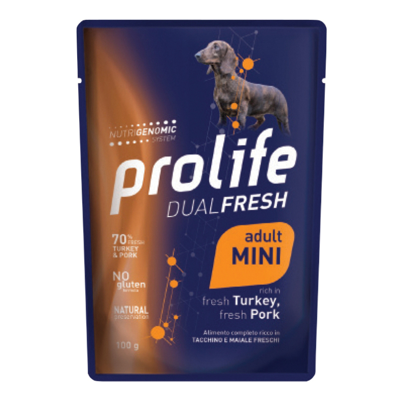 Prolife Cane Dual Fresh Adulto Mini Tacchino, Maiale &amp; Riso Busta 100 Gr