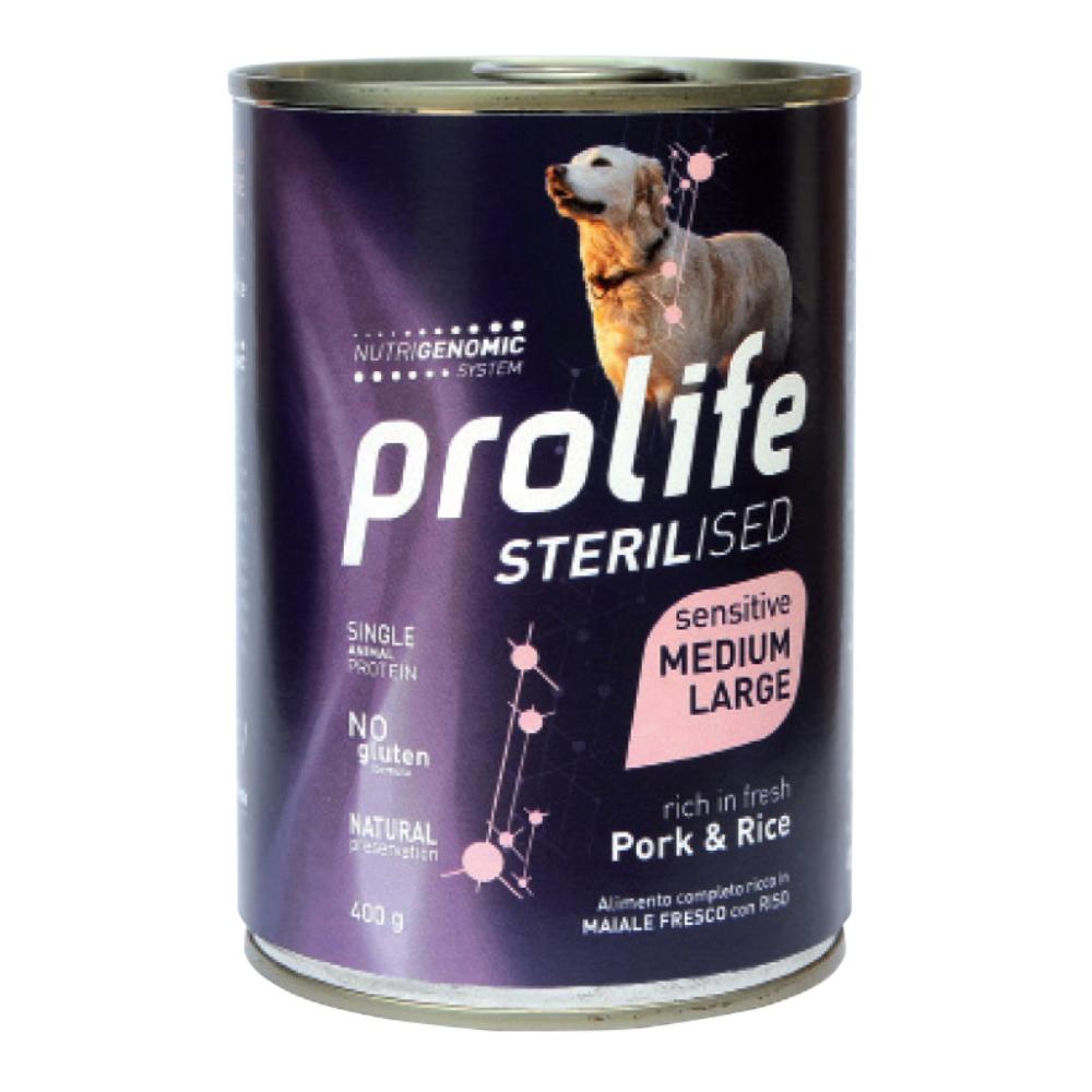 Prolife Cane Sterilised Sensitive Adulto Medium&amp;Large Maiale &amp; Riso Lattina 400 Gr
