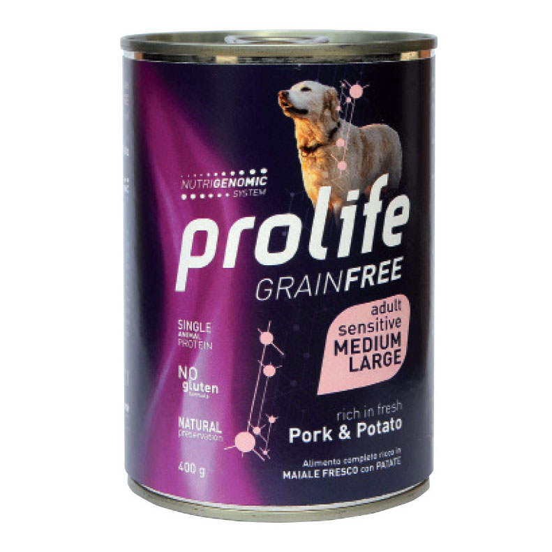 Prolife Cane Grain Free Sensitive Adulto Medium&amp;Large Maiale &amp; Patate Lattina 400 Gr