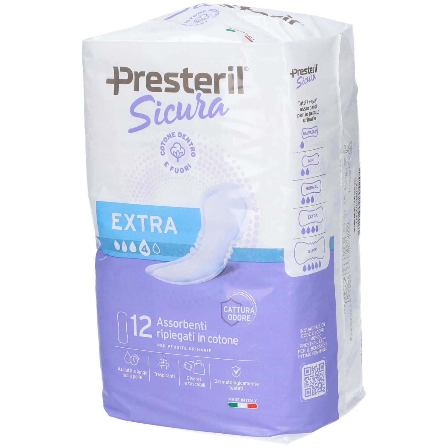 Corman Presteril Sicura Extra - Assorbenti in puro cotone per le perdite urinarie, 12 assorbenti