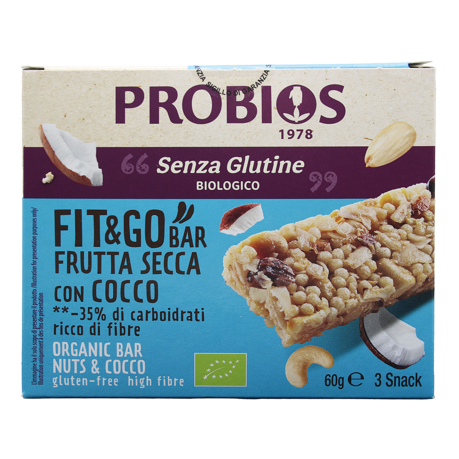 Probios fit&amp;go barretta frutta secca e cocco 3 pezzi da 20 g