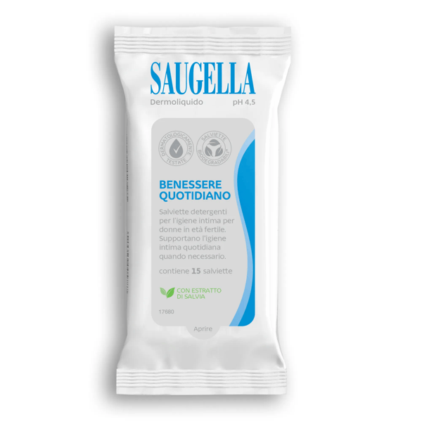 Saugella Dermoliquido pH 4.5 Benessere Quotidiano Salviette Intime Detergenti 15 Pezzi
