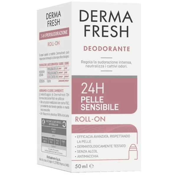 Dermafresh 24H Deodorante Roll On 50 ml per Pelle Sensibile Anti-Odore e Antimacchia