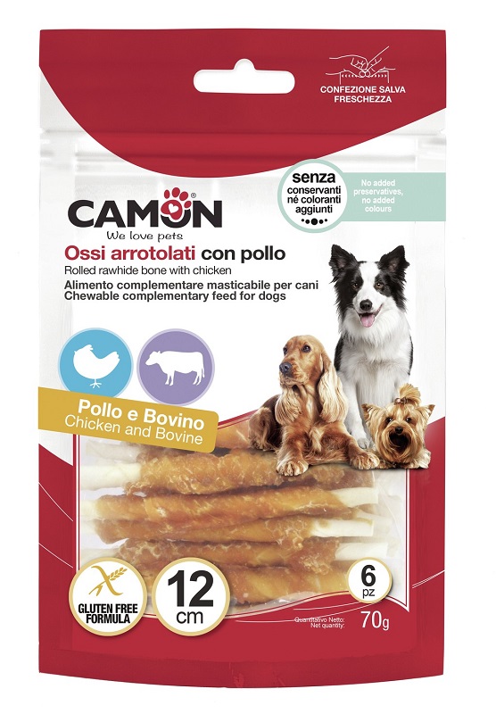 CAMON CANE SNACK ROLLIE CHEW PELLE BOVINA POLLO 28CM 6PZ 250GR