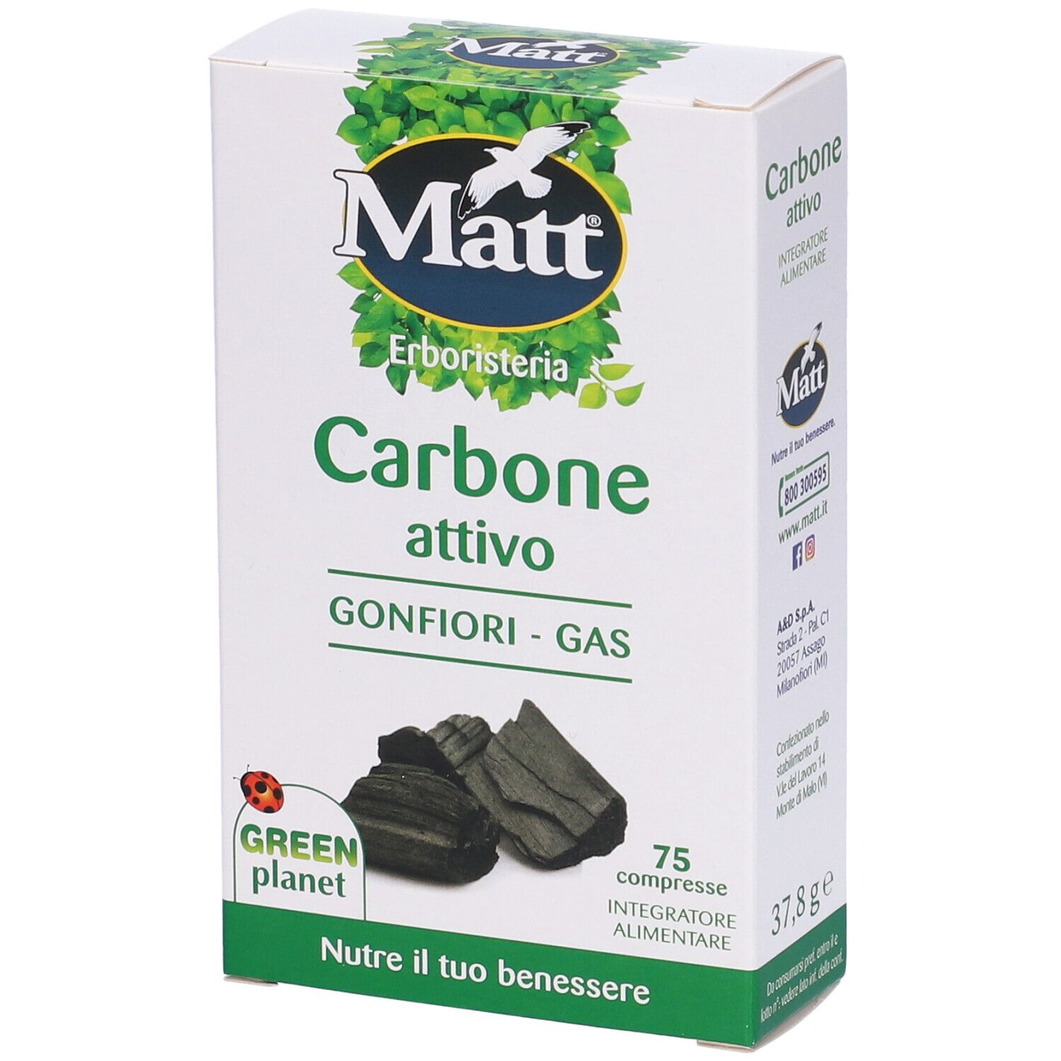 Matt Carbone attivo - Integratore alimentare per la riduzione del meteorismo, 75 compresse