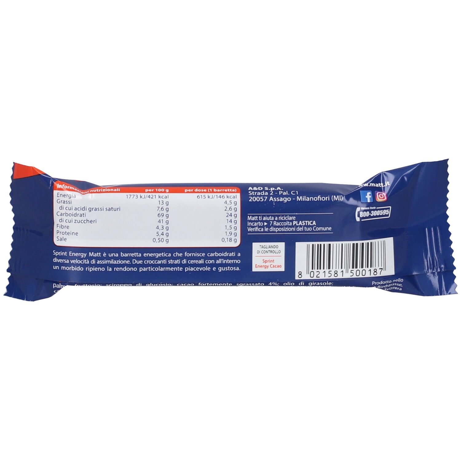 MATT Sport Energy Sprint Cacao 35 g Barretta