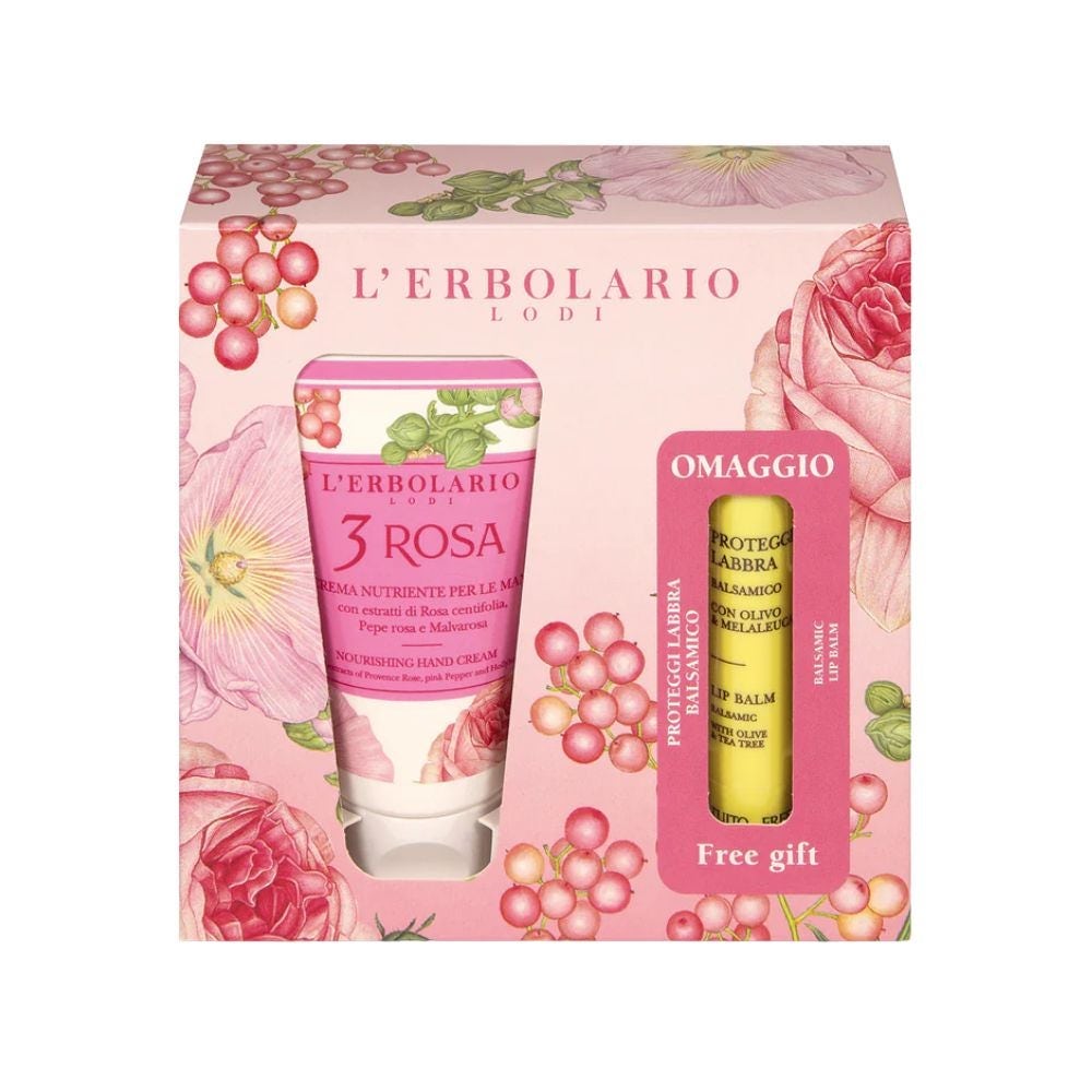 L'Erbolario 3 Rosa Cofanetto con crema mani e balsamo labbra per il nutrimento, 75 ml e 4,5 ml