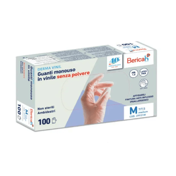 Bericah Dermavinyl Guanti in Vinile Senza Polvere Monouso Taglia M 100 Pezzi