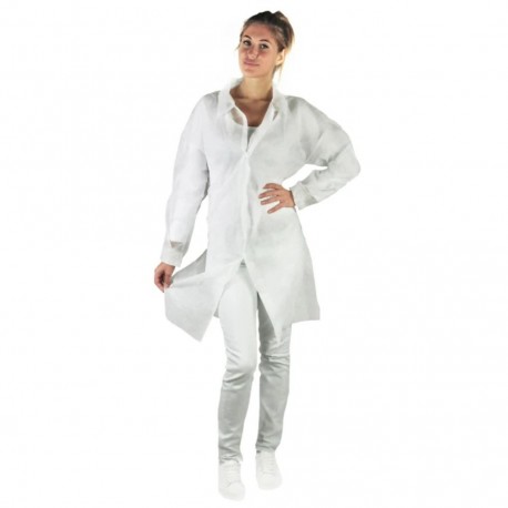 Camice da laboratorio bhealthy tnt bianco large traspirante idrorepellente monouso non sterile con manica lunga e colletto chiusura in velcro elastico ai polsi