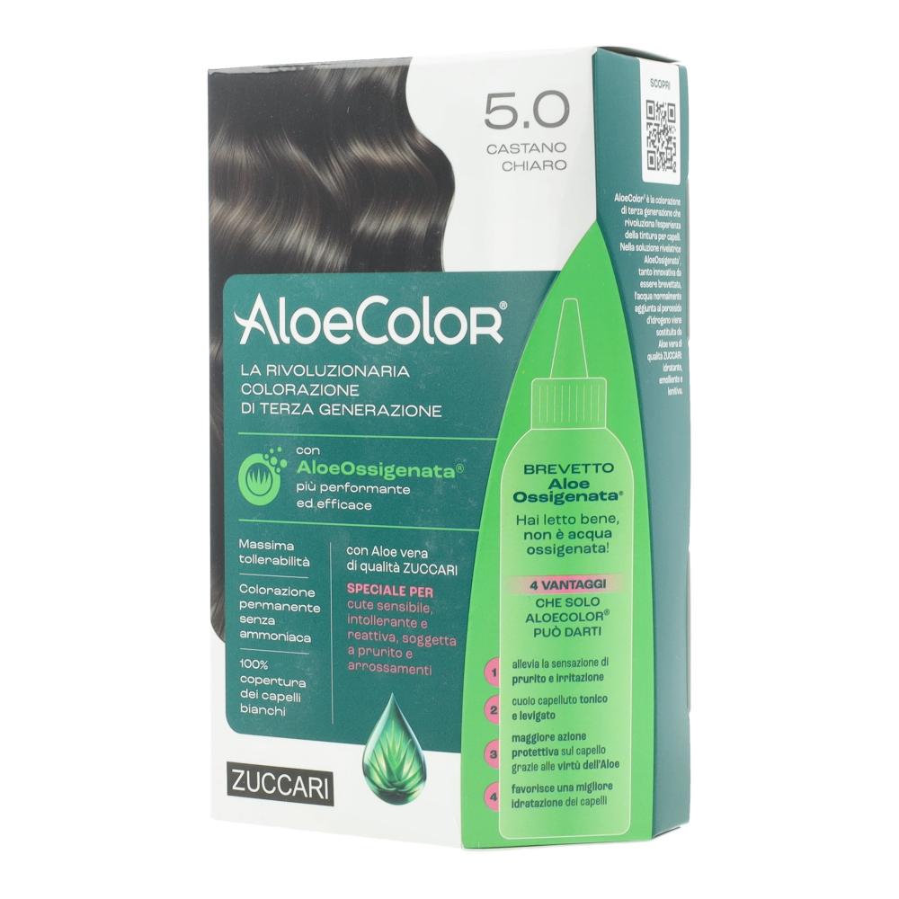 Aloecolor 5,0 castano chiaro tinta permanente capelli colore ad alta pigmentazione 50 ml + rivelatore aloeossigenata 75 ml + shampoo aloecare 15 ml + guanti — confronto prezzi