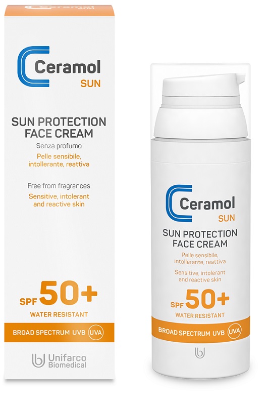 CERAMOL CREMA SOLARE VISO PROTEZIONE MOLTO ALTA filtri fotostabili, crema ristrutturante SPF 50+