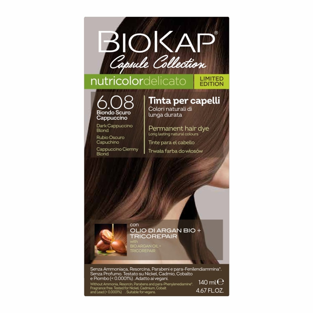 Biokap Nutricolor Delicato 6.08 Biondo scuro cappuccino, kit Tinta Capelli Permanente