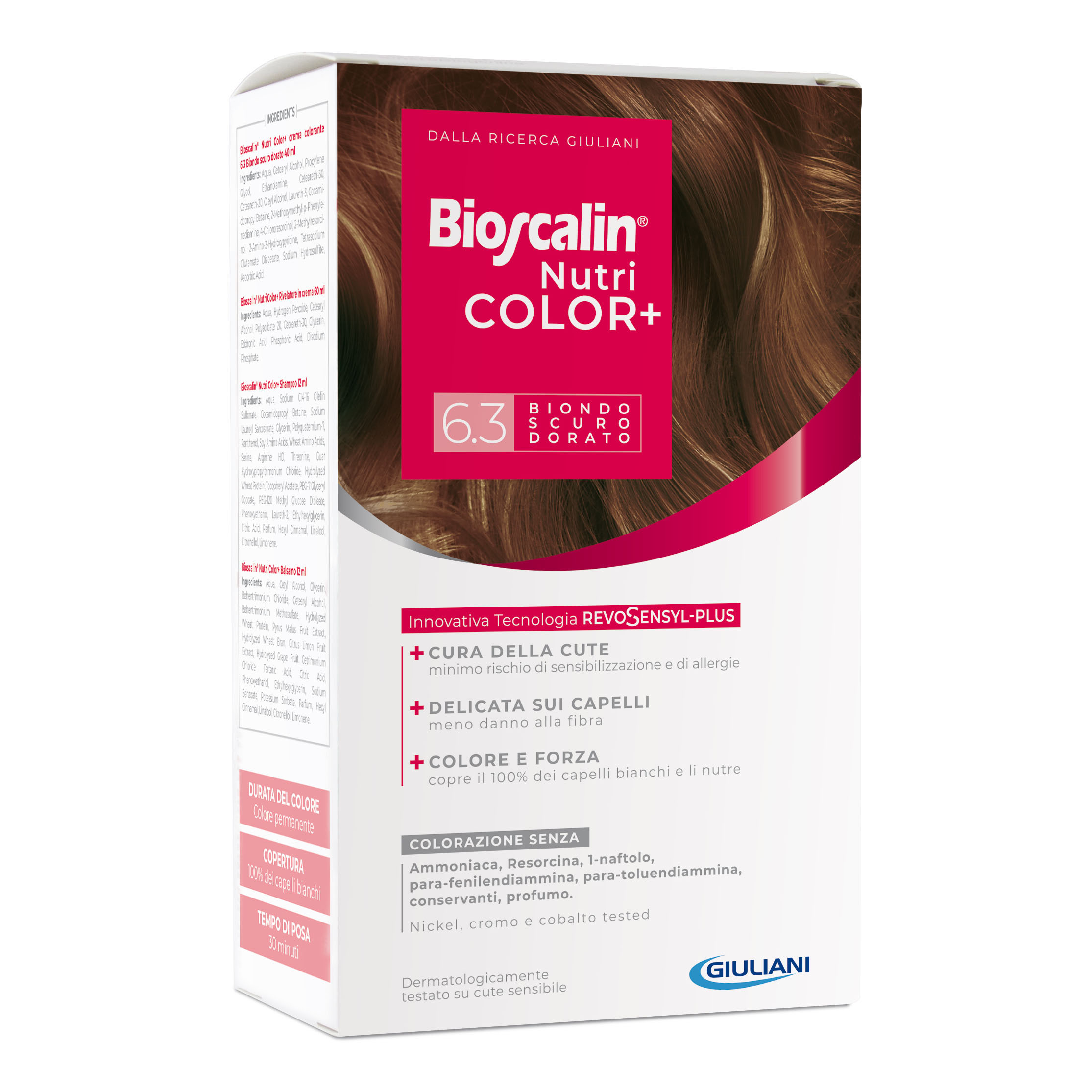 Bioscalin nutricolor plus 6,3 biondo scuro dorato crema colorante 40 ml + rivelatore crema 60 ml + shampoo 12 ml + trattamento finale balsamo 12 ml — confronto prezzi