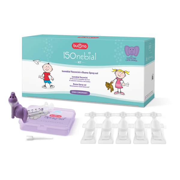Buona Isonebial Kit Pulizia Cavità Nasali Con 20 Flaconcini + Nebulizzatore Spray-Sol + Siringa + Ago Cannula