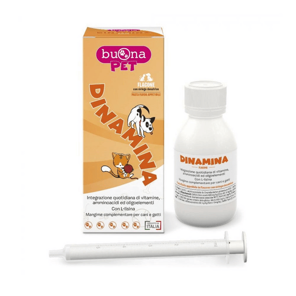 Buona PET Dinamina Mangime complementare per cani e gatti Integratore quotidiano con vitamine e amminoacidi Flacone 60 g