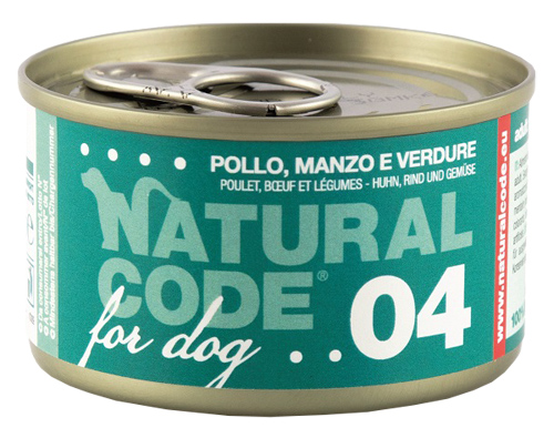 NATURAL CODE CANE 04 POLLO MANZO VERDURE 90GR (lattina)