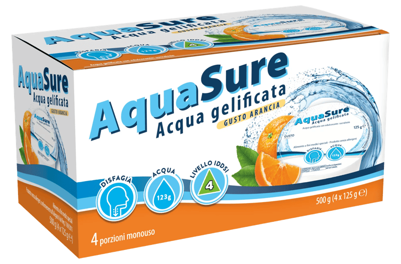 AquaSure Acqua Gelificata Arancia Alimento a fini medici speciali 4 Pezzi
