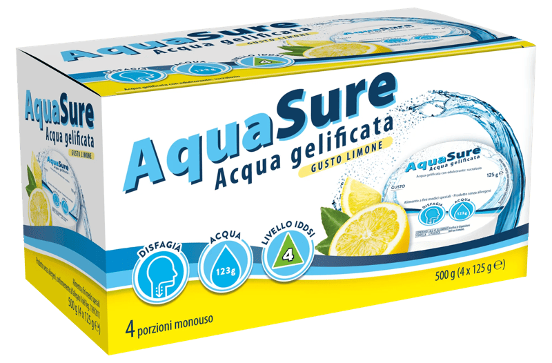 AquaSure Acqua Gelificata Limone 4 Pezzi Alimento Fine Medici Speciali per Disfagici