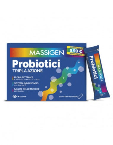 Massigen Probiotici Tripla Azione Fermenti Lattici Integratore per Flora Batterica e Sistema Immunitario 12 Stickpack
