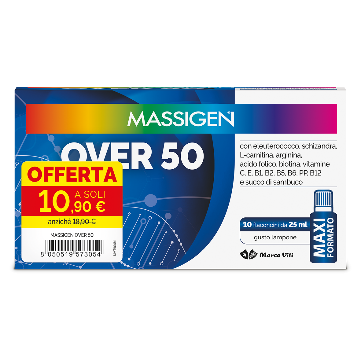 Marco Viti Massigen Over 50 - Integratore per stanchezza fisica e mentale, 10 flaconcini da 25 ml