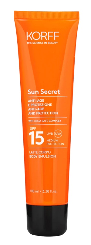 Korff Sun Secret Latte Protettivo Anti-Età SPF 15 - Latte solare resistente all'acqua adatto per il corpo - 100 ml