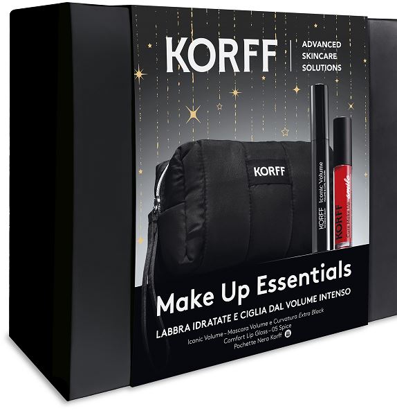 Korff Make Up Essential Labbra Idratate E Ciglia Dal Volume Intenso Cofanetto Con Mascara Iconic Volume 9,1ml + Lip Gloss 05 Spice 4ml + Pochette Nera