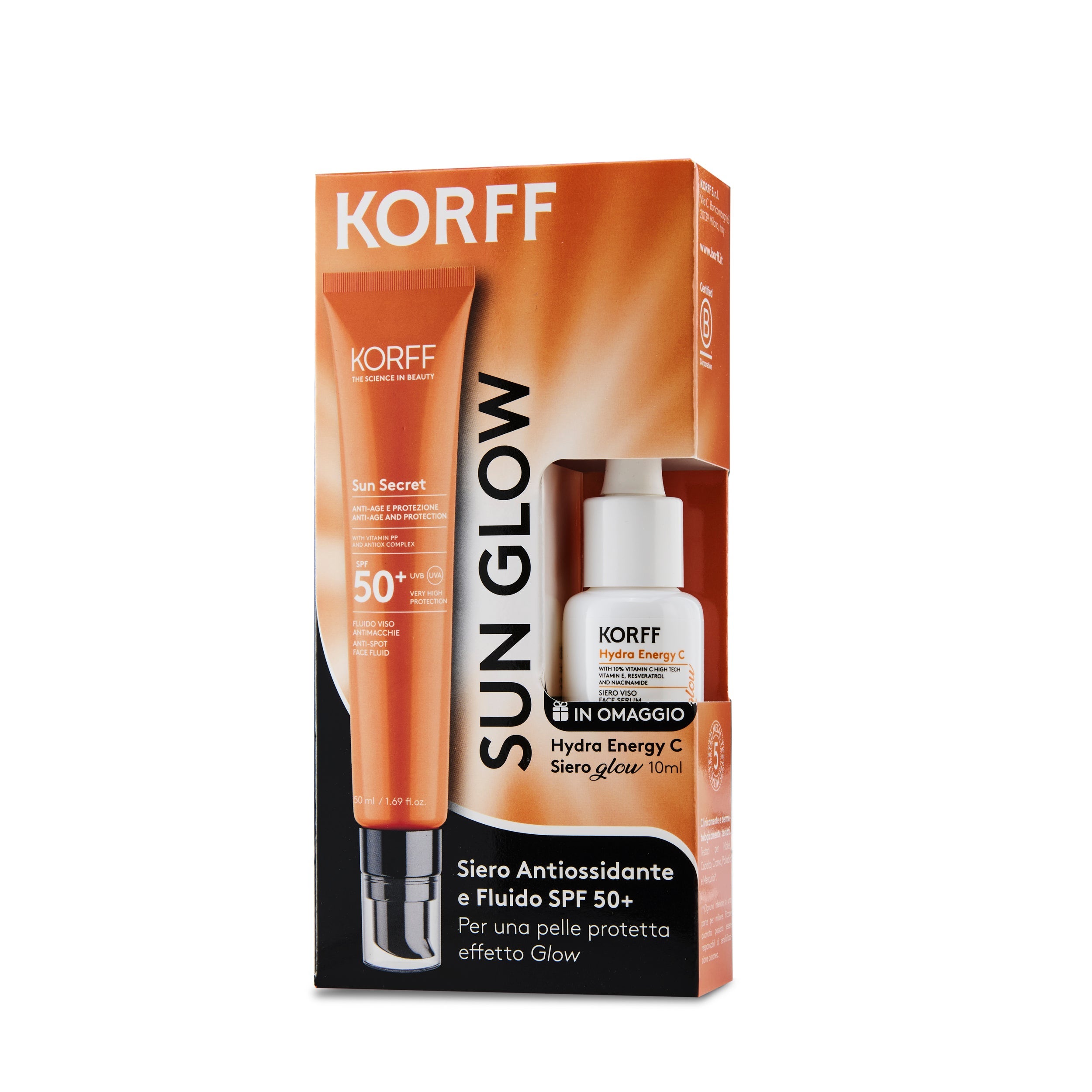 Korff Sun Glow Special Pack - Fluido Viso Antimacchie SPF50+ 50ml + Siero Illuminante 10ml