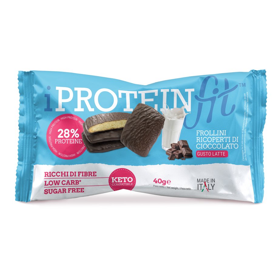 IProteinFit Frollini al latte ricoperti di cioccolato Biscotti proteici senza zuccheri, 40 g