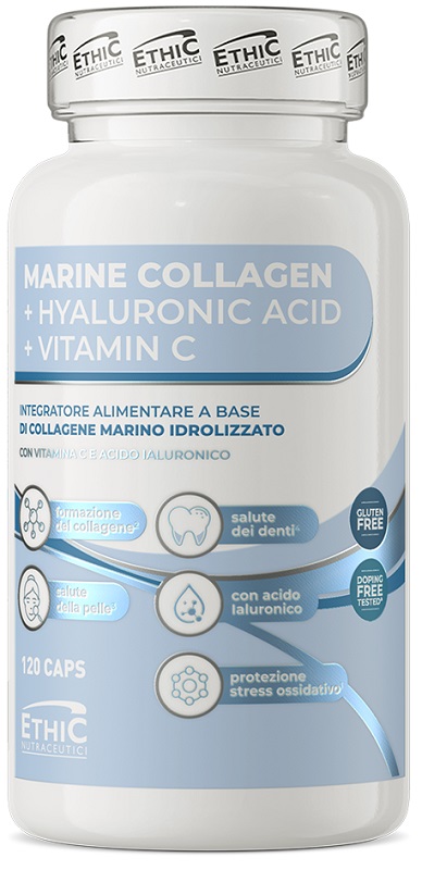 EthicSport Collagene Marino Integratore con Acido Ialuronico e Vitamina C, 120 Capsule