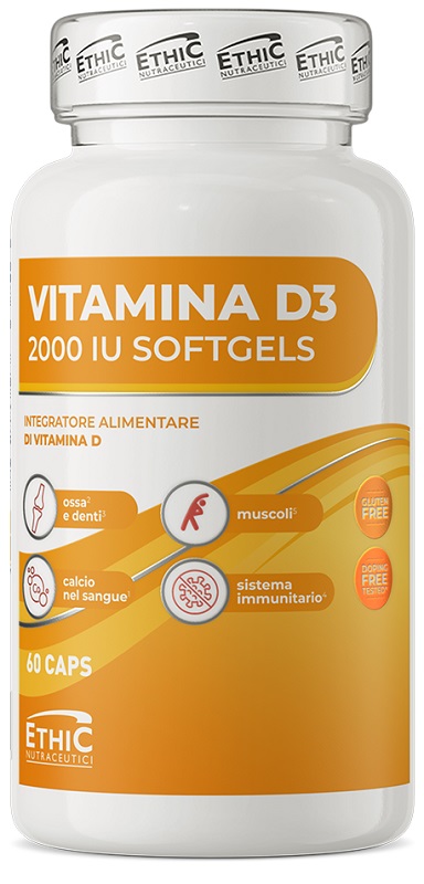 EthicSport Vitamina D3 2000 UI Integratore Ossa Muscoli e Difese Immunitarie, 60 Softgels