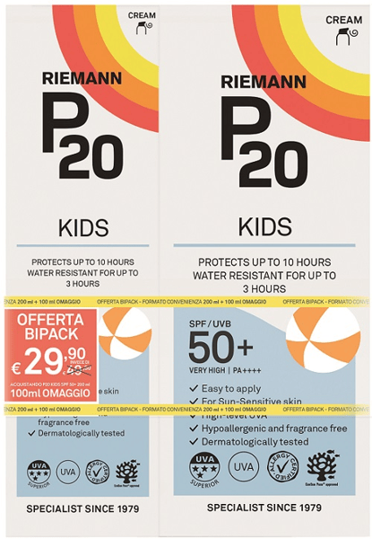 Riemann P20 Kids SPF50+ PROMO Bipacco 100 ml + 200 ml Crema Solare Bambini 10h Protezione UVA/UVB Resistente