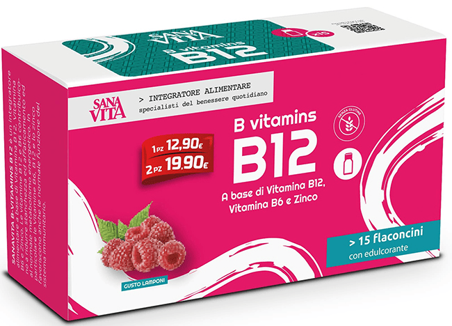 SanVita B Vitamins B12 Integratore di Vitamina B Gusto Lamponi 15 Flaconcini