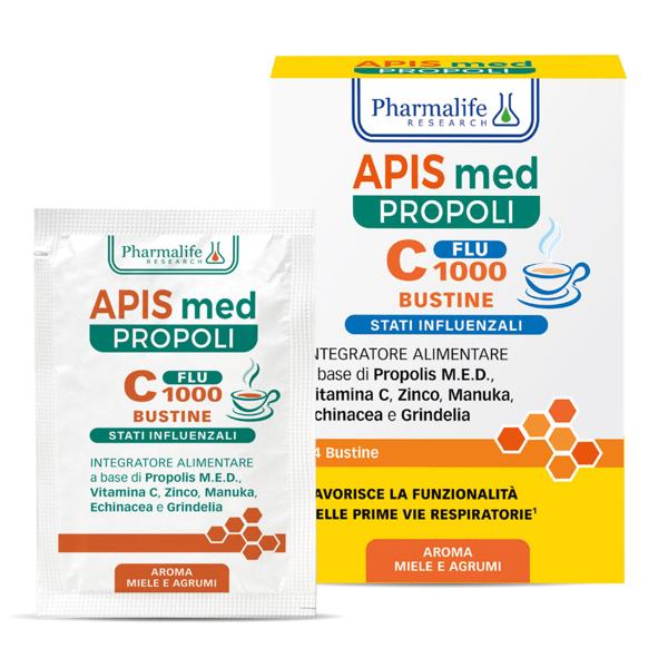 Apis Med Propoli C Flu 1000 14 Bustine Integratore per Sistema Immunitario e Stati Influenzali per Adulti e Bambini Aroma Miele e Agrumi