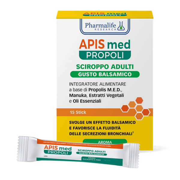 Apis Med Propoli Sciroppo Adulti per la Fludità delle Secrezioni Bronchiali Gusto Balsamico 15 Stick