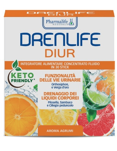 Pharmalife Drenlife Diur Integratore per Funzionalità delle Vie Urinarie e Drenaggio dei Liquidi Aroma Agrumi 30 Stick