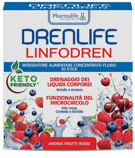 Pharmalife Drenlife Linfodren Integratore Per Drenaggio dei Liquidi e Microcircolo Aroma Frutti Rossi 30 Stick