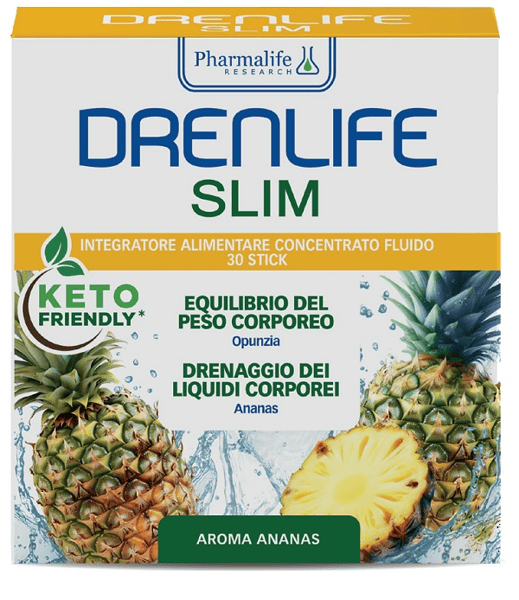 Pharmalife Drenlife SlimIntegratore Per Drenaggio dei Liquidi Aroma Ananas 30 Stick