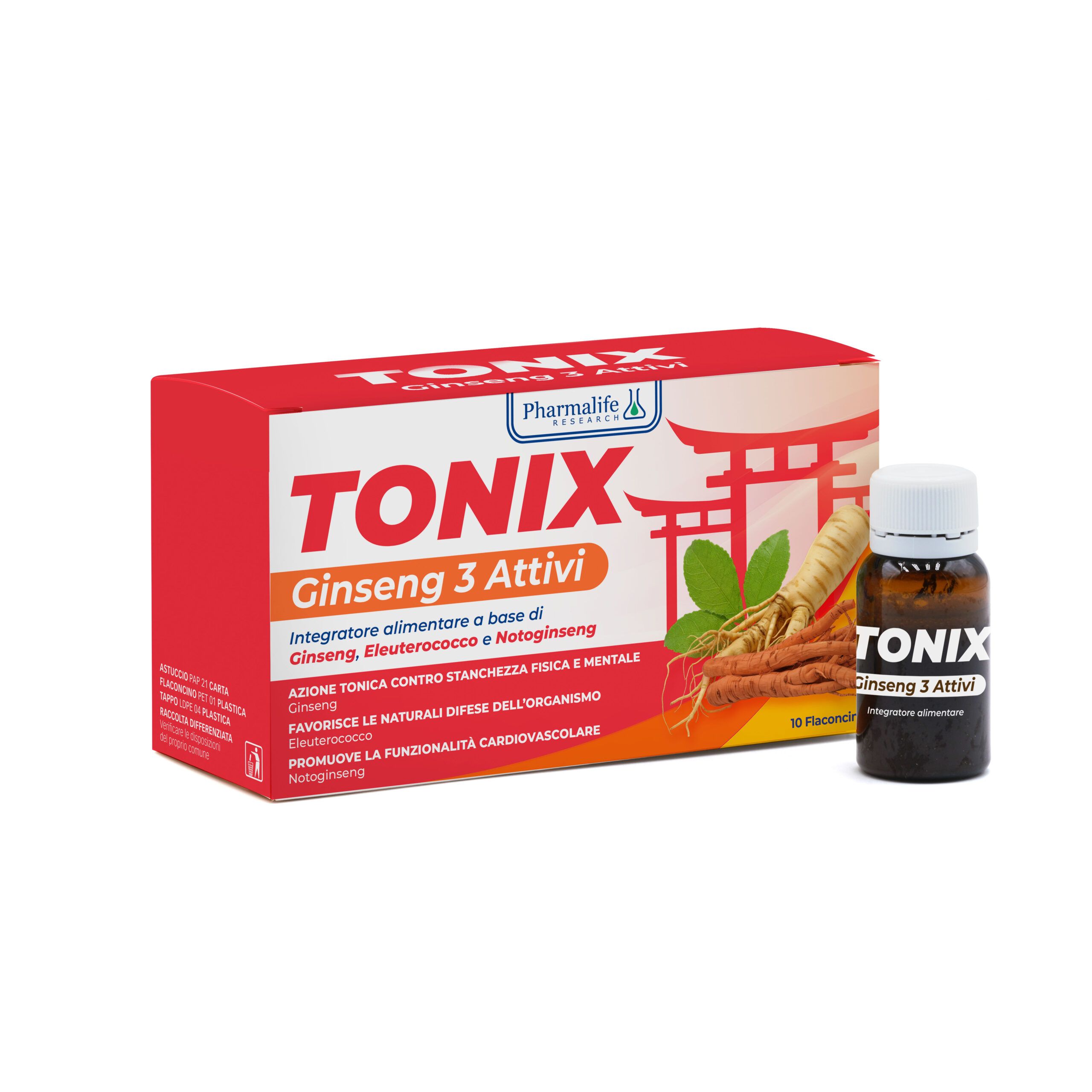 Pharmalife Research Tonix - Ginseng 3 Attivi Integratore Stanchezza Fisica e Mentale, 10 flaconcini