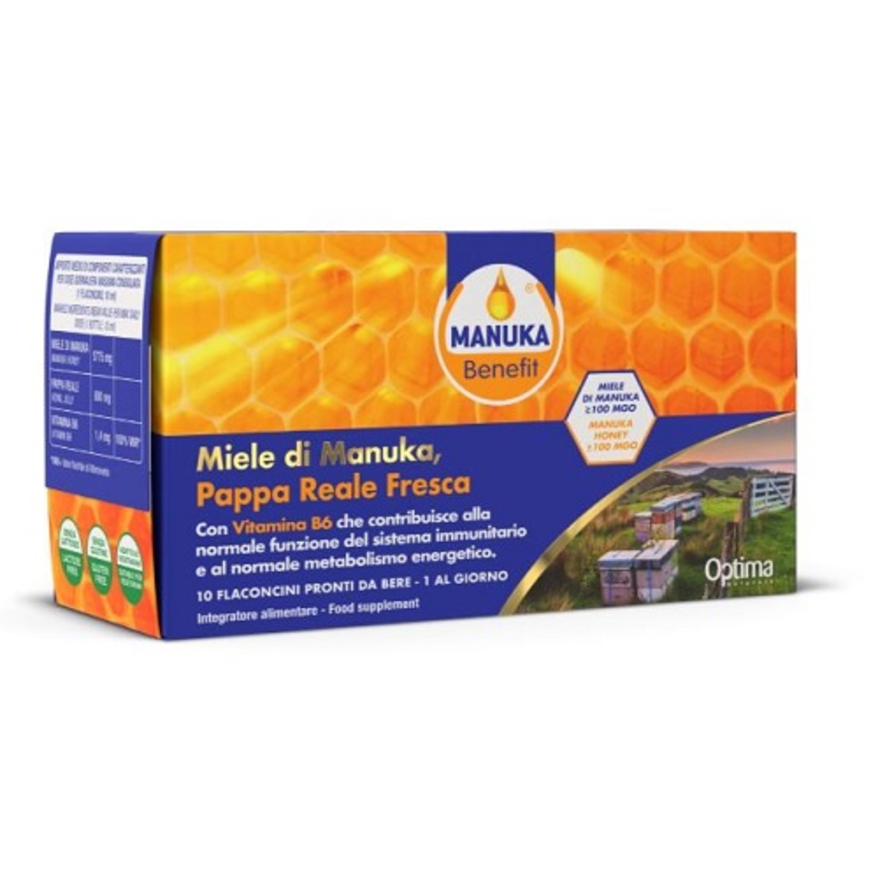 MANUKA BENEFIT - Pappa reale fresca, miele di Manuka e vitamina B6 - Optima Naturals - 10 flaconcini - Flaconcini pronti da bere per la funzionalità delle prime vie respiratorie