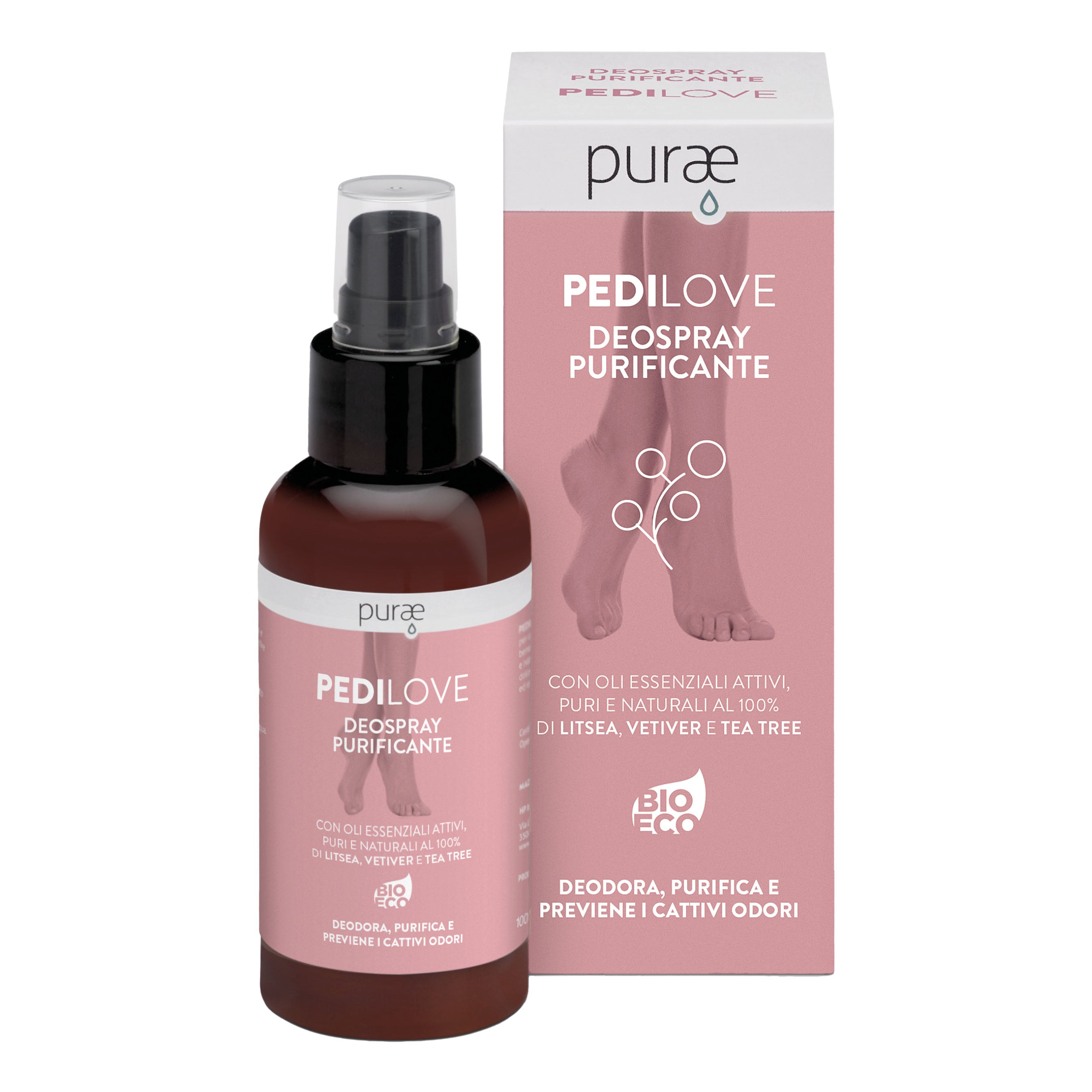 Purae Pedilove - DeoSpray Purificante Deodorante Piedi Purifica e Previene i Cattivi Odori, 100ml