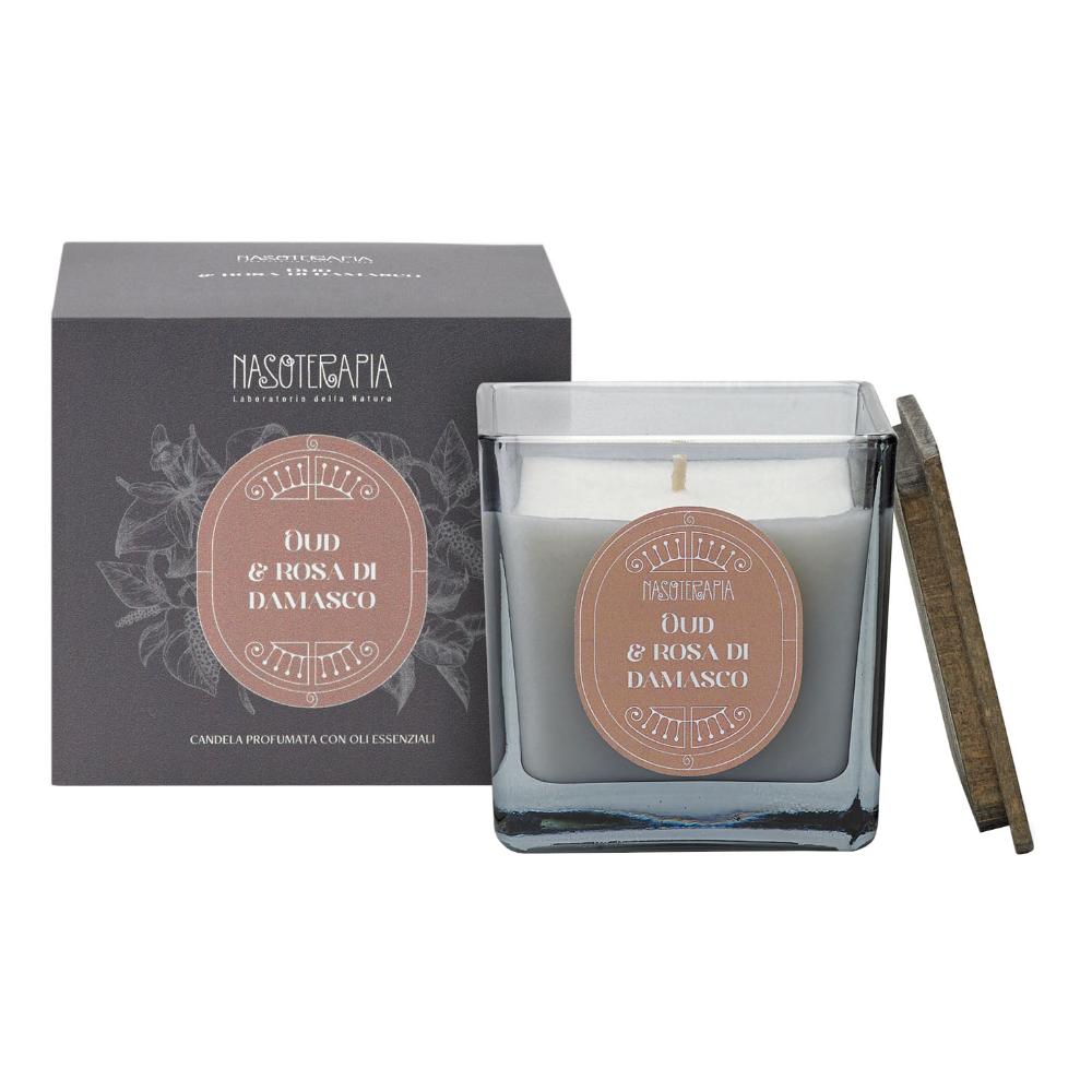 Nasoterapia Oud & Rosa di Damasco, Candela Profumata 200g, Fragranza Legnosa e Floreale