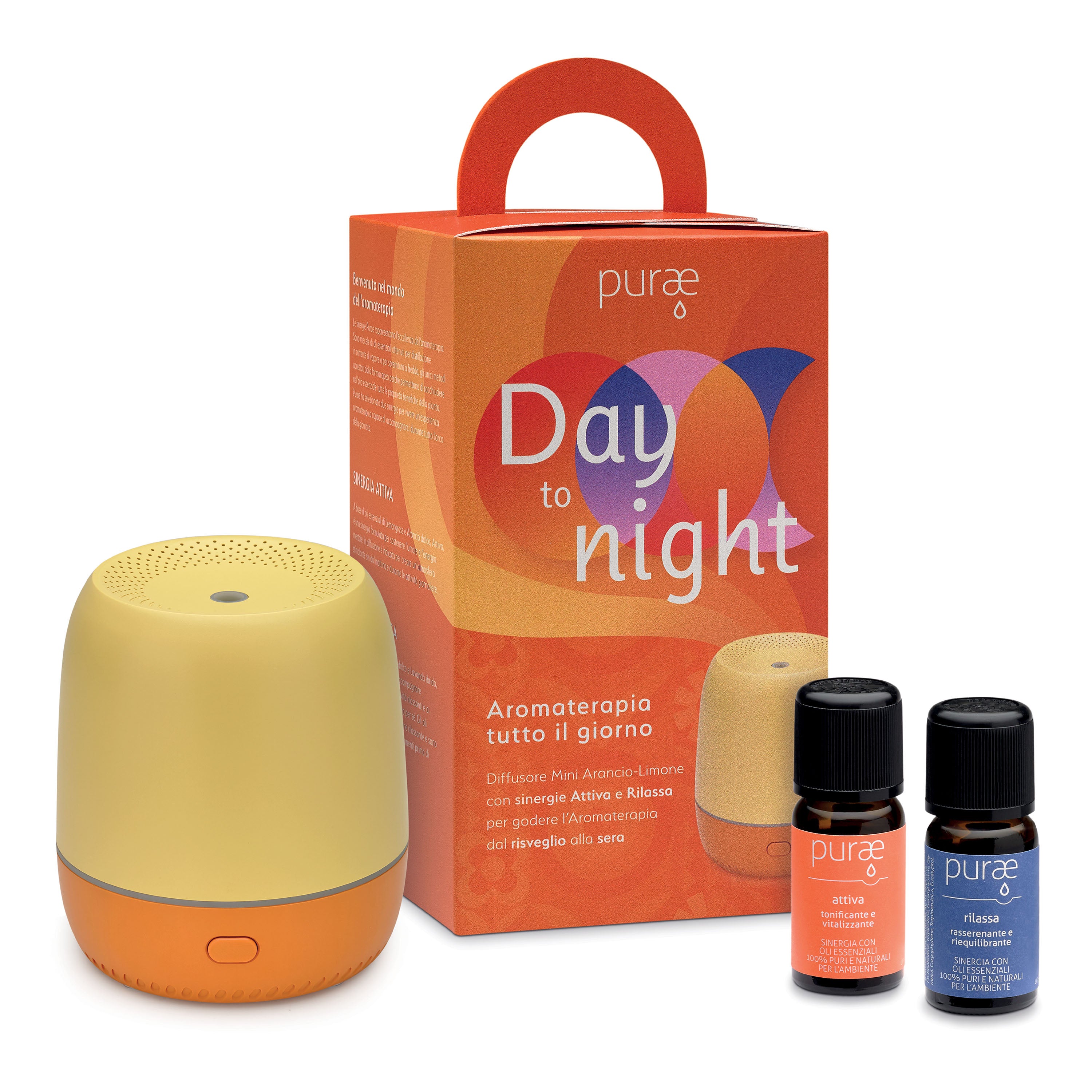 Purae Kit Day to Night Diffusore a Ultrasuoni Mini Colore Giallo e Arancione + Sinergia Attiva + Sinergia Rilassa — confronto prezzi