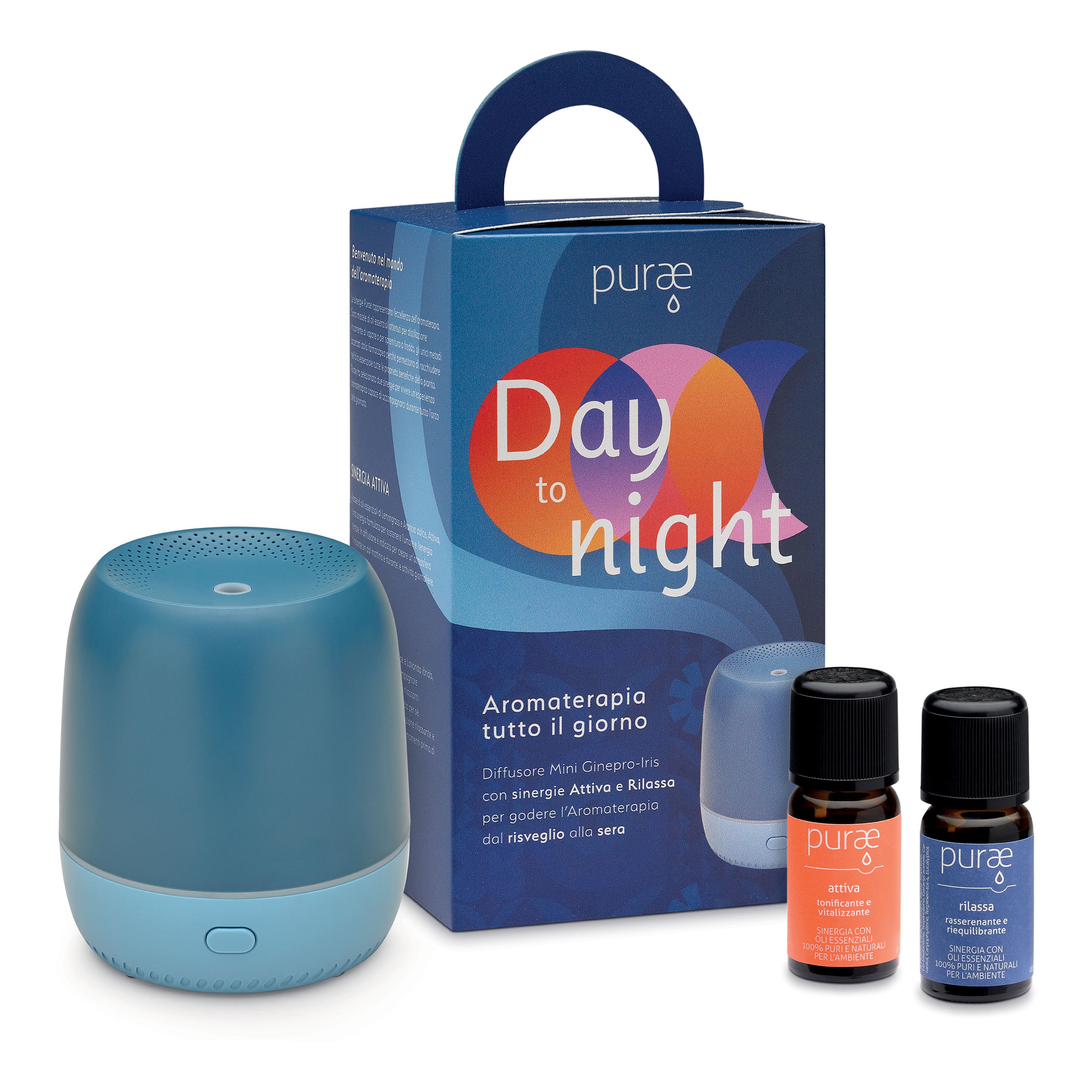Purae Kit Day to Night Diffusore a Ultrasuoni Mini Colore Blu e Azzurro + Sinergia Attiva + Sinergia Rilassa — confronto prezzi