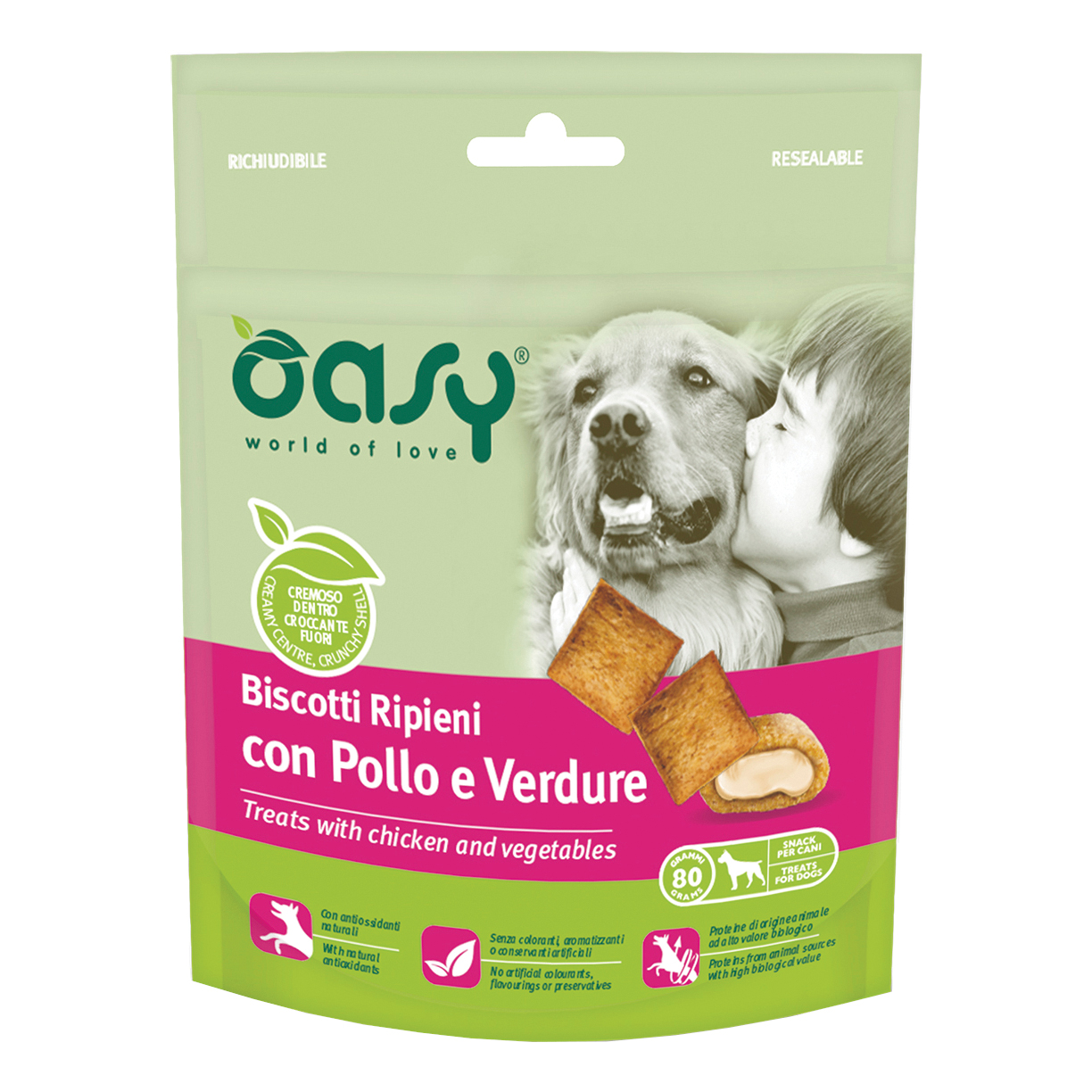 Oasy Cane Snack Biscotti Ripieni Adulto Pollo &amp; Verdure 80 Gr