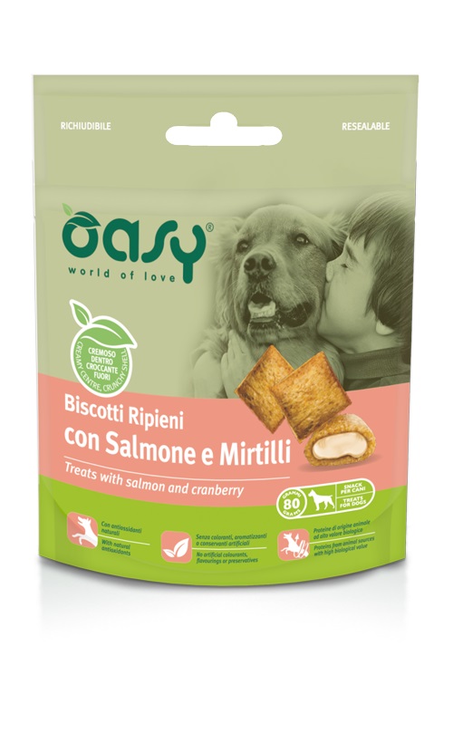 Oasy Snack Dog Biscotti Ripieni con Salmone e Mirtilli 80 g