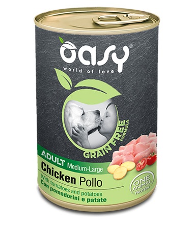Oasy Cane Grain Free Adulto Medium&amp;Large Tocchetti Di Pollo, Pomodorini &amp; Patate 400 Gr